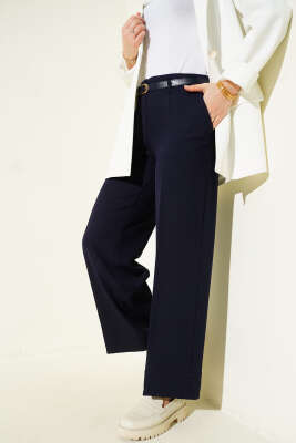 Geniş Paça Kemerli Kumaş Pantolon Lacivert - MISRA