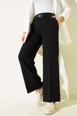 Geniş Paça Kemerli Kumaş Pantolon Siyah - Pantolon