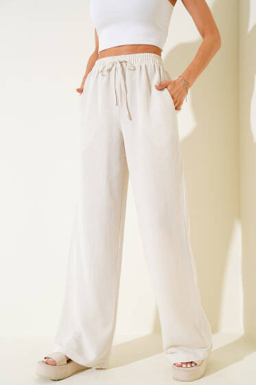 Geniş Paça Keten Pantolon Bej - Kadın Giyim Modelleri