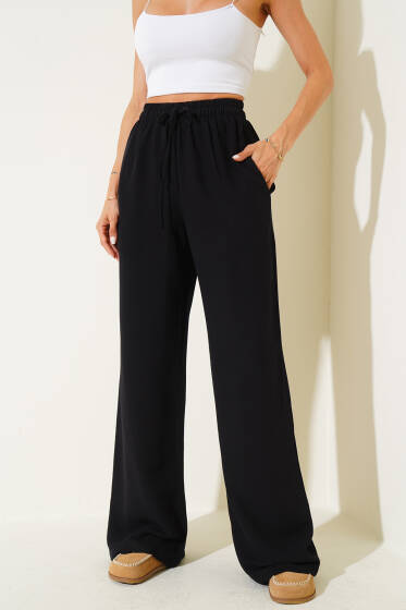 Geniş Paça Keten Pantolon Siyah - Kadın Giyim Modelleri