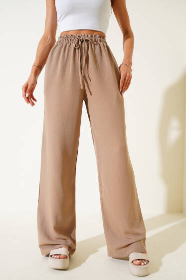 Geniş Paça Keten Pantolon Vizon - Kadın Giyim Modelleri