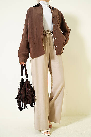 Geniş Paça Lastikli Tensel Pantolon Bej - Pantolon