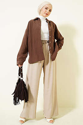 Geniş Paça Lastikli Tensel Pantolon Bej - Pantolon