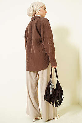 Geniş Paça Lastikli Tensel Pantolon Bej - Pantolon