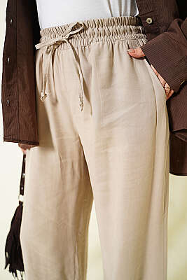 Geniş Paça Lastikli Tensel Pantolon Bej - Pantolon