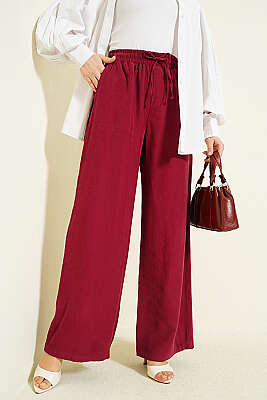 Geniş Paça Lastikli Tensel Pantolon Bordo - BIGDART