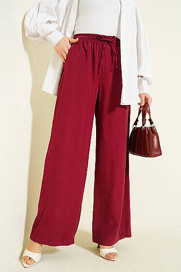 Geniş Paça Lastikli Tensel Pantolon Bordo - Pantolon