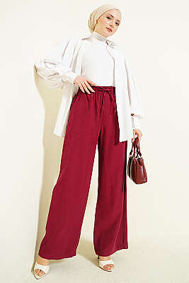 Geniş Paça Lastikli Tensel Pantolon Bordo - Pantolon