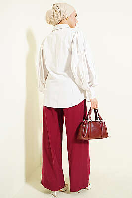 Geniş Paça Lastikli Tensel Pantolon Bordo - Pantolon