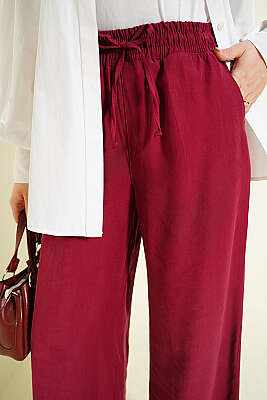Geniş Paça Lastikli Tensel Pantolon Bordo - Pantolon