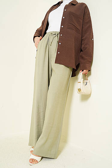 Geniş Paça Lastikli Tensel Pantolon Çağla Yeşili - Pantolon