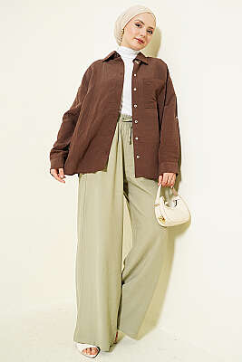 Geniş Paça Lastikli Tensel Pantolon Çağla Yeşili - Pantolon