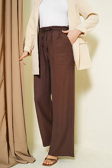 Geniş Paça Lastikli Tensel Pantolon Kahve - Pantolon