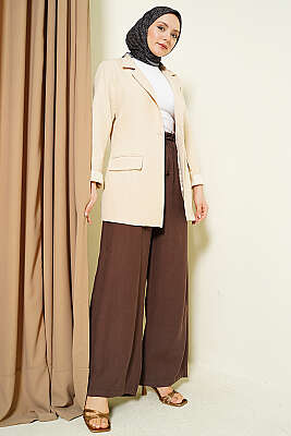 Geniş Paça Lastikli Tensel Pantolon Kahve - Pantolon