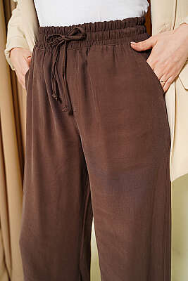 Geniş Paça Lastikli Tensel Pantolon Kahve - Pantolon