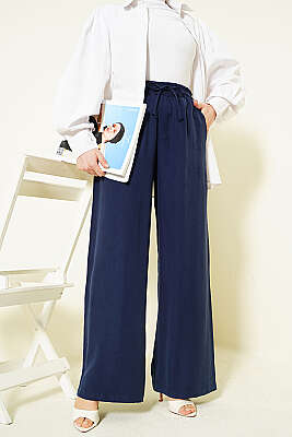 Geniş Paça Lastikli Tensel Pantolon Lacivert - BIGDART