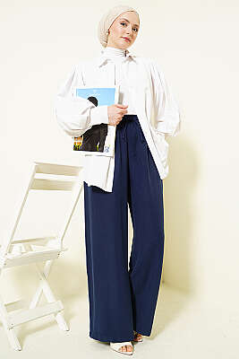 Geniş Paça Lastikli Tensel Pantolon Lacivert - Pantolon