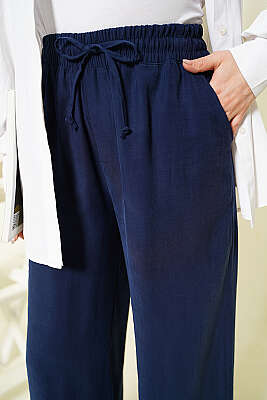 Geniş Paça Lastikli Tensel Pantolon Lacivert - Pantolon