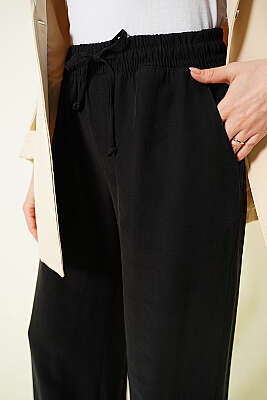 Geniş Paça Lastikli Tensel Pantolon Siyah - Pantolon