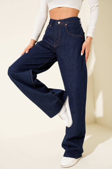 Geniş Paça Palazzo Düğmeli Kot Pantolon Lacivert - Kadın Giyim Modelleri