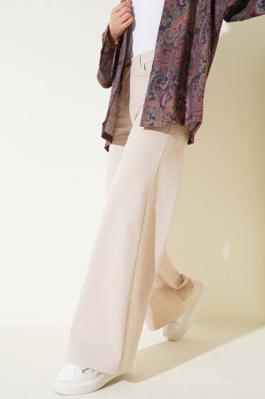 Geniş Paça Pamuk Pantolon Bej - Pantolon