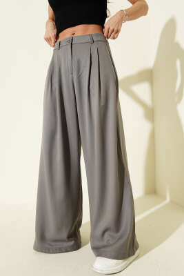 Geniş Paça Pileli Salaş Pantolon Gri - Kadın Giyim Modelleri