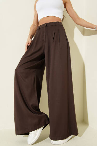 Geniş Paça Pileli Salaş Pantolon Kahve - Kadın Giyim Modelleri