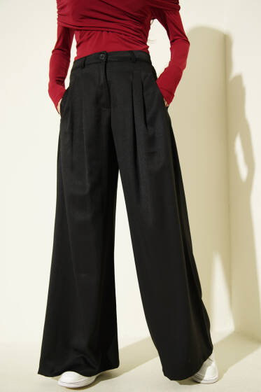 Geniş Paça Pileli Salaş Pantolon Siyah - Kadın Giyim Modelleri