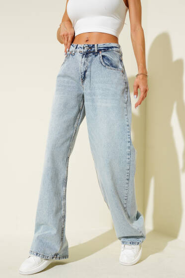 Geniş Paça Salaş Palazzo Kot Pantolon Açık Mavi - Kadın Giyim Modelleri