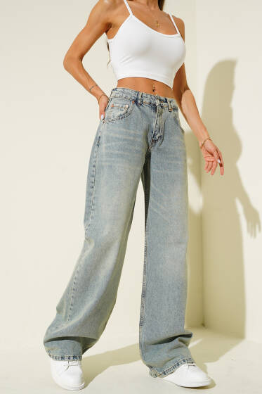 Geniş Paça Salaş Palazzo Kot Pantolon Yeşil Tint - Kadın Giyim Modelleri