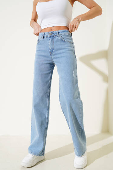 Geniş Paça Yıpratmalı Kot Palazzo Pantolon Kar Açık - Kadın Giyim Modelleri