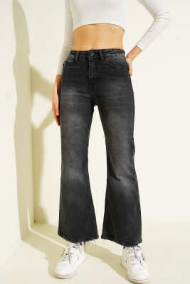 Geniş Paça Yıpratmalı Kot Pantolon Füme - Kadın Giyim Modelleri