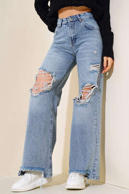 Geniş Paça Yırtık Kot Pantolon Açık Mavi - ZARX JNS