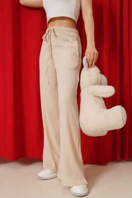 Geniş Paçalı Ağaç Kabuğu Pantolon Bej - HELLIE