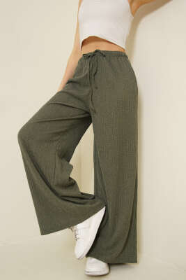 Geniş Paçalı Ağaç Kabuğu Pantolon Haki - HELLIE
