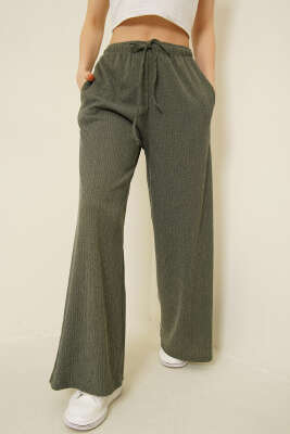 Geniş Paçalı Ağaç Kabuğu Pantolon Haki - Kadın Giyim Modelleri