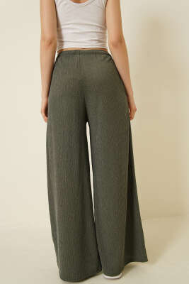 Geniş Paçalı Ağaç Kabuğu Pantolon Haki - Kadın Giyim Modelleri
