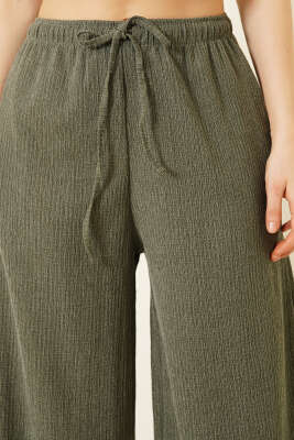 Geniş Paçalı Ağaç Kabuğu Pantolon Haki - Kadın Giyim Modelleri