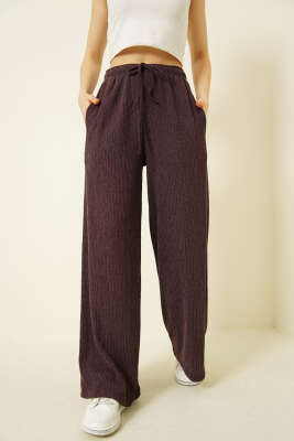 Geniş Paçalı Ağaç Kabuğu Pantolon Mürdüm - HELLIE