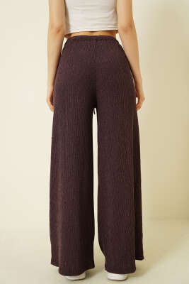 Geniş Paçalı Ağaç Kabuğu Pantolon Mürdüm - Kadın Giyim Modelleri