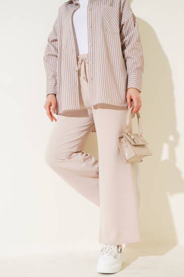 Geniş Paçalı Ayrobin Pantolon Bej - Pantolon