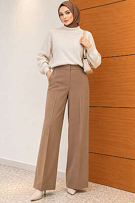 Geniş Paçalı Basic Kumaş Pantolon Camel - Pantolon