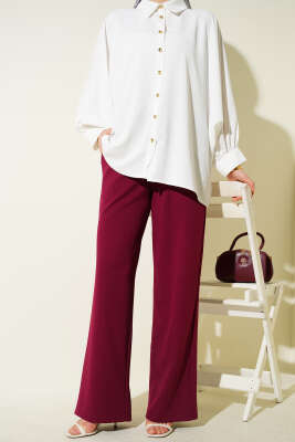 Geniş Paçalı Bel Lastikli İpli Pantolon Bordo 