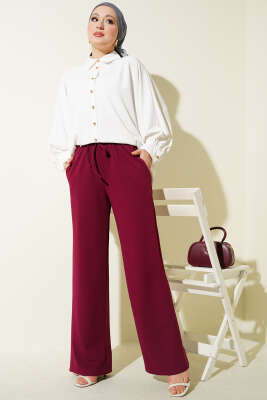 Geniş Paçalı Bel Lastikli İpli Pantolon Bordo - Pantolon