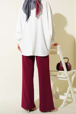 Geniş Paçalı Bel Lastikli İpli Pantolon Bordo - Pantolon