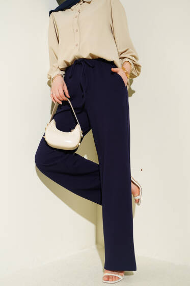 Geniş Paçalı Bel Lastikli İpli Pantolon Lacivert - Pantolon