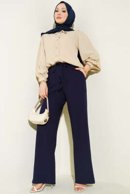 Geniş Paçalı Bel Lastikli İpli Pantolon Lacivert - Pantolon