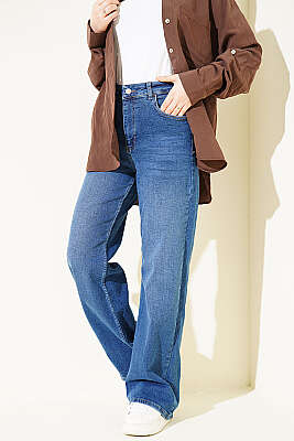 Geniş Paçalı Büyük Beden Kot Palazzo Pantolon Kot Mavisi - BLUE HİLL(ZER)