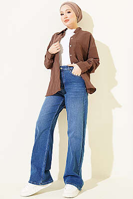 Geniş Paçalı Büyük Beden Kot Palazzo Pantolon Kot Mavisi - Pantolon