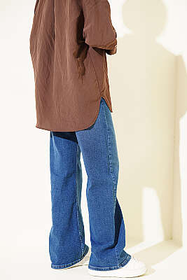 Geniş Paçalı Büyük Beden Kot Palazzo Pantolon Kot Mavisi - Pantolon